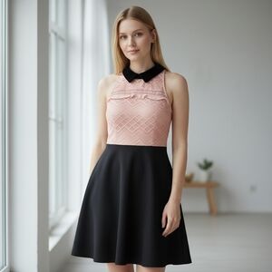 CeCe 8 Pink Lace Crochet High Neck Dress - Black Collar - Contrast Sheath